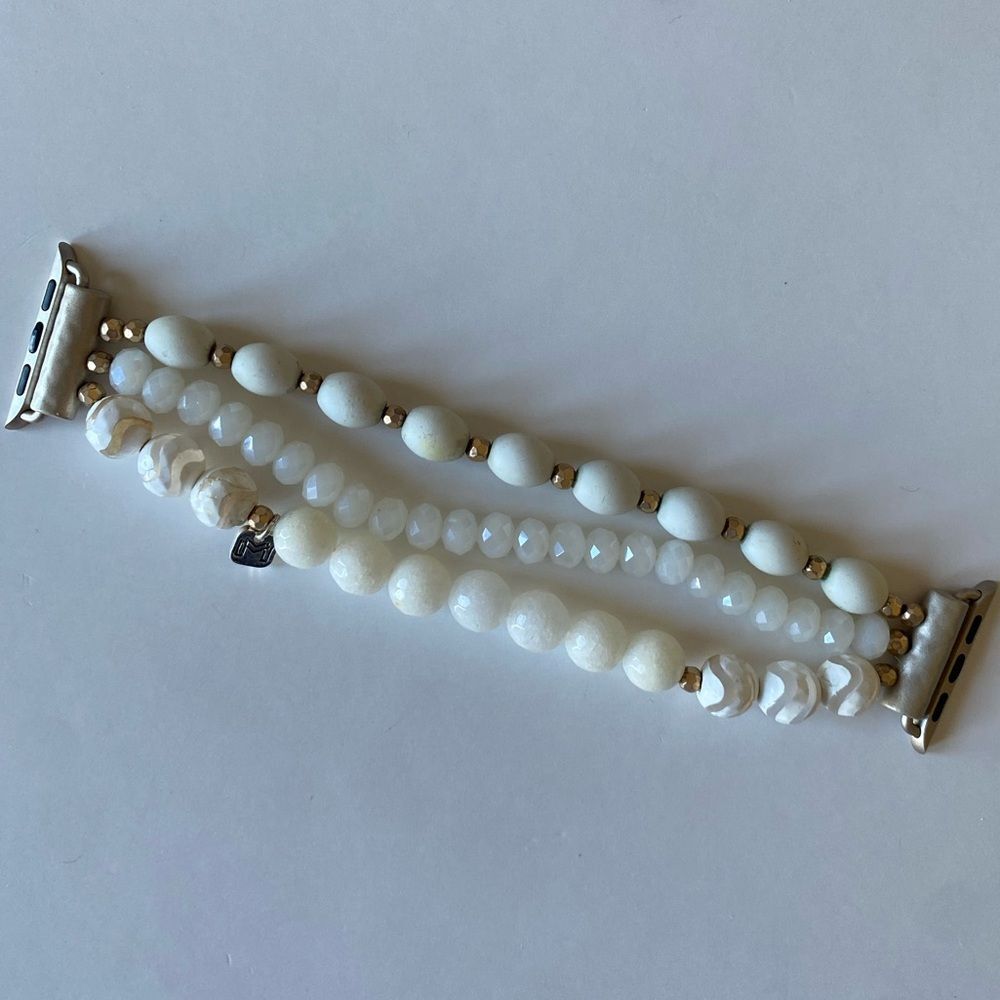 Apple Watch Band, stretchy, White Beaded band with gold accents - Picture 3 of 3